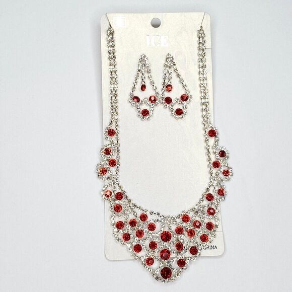 Statement Necklace Earring Set Rhinestones Clear Red Silvertone Prom Party - Picture 1 of 4